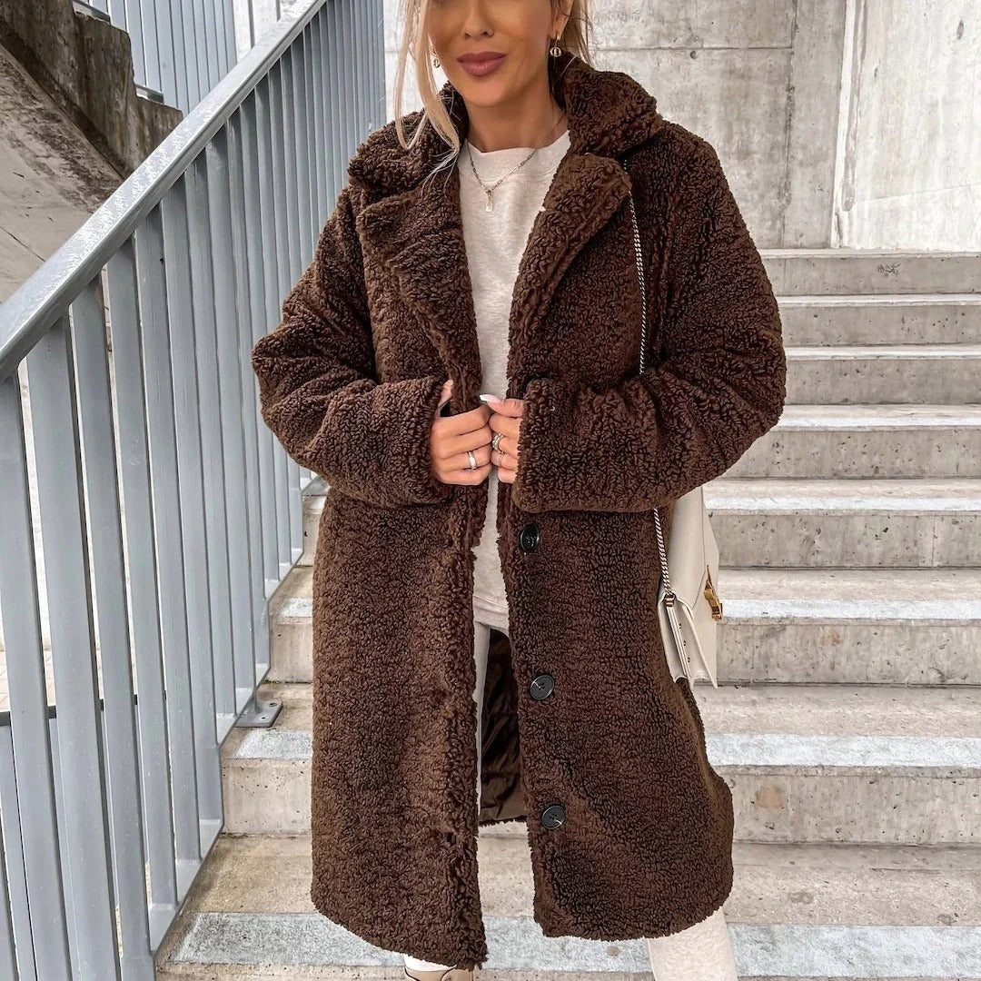 Women’s Long Teddy Coat – Oversized Fit – Faux Shearling – Notched Lapel – Button Front