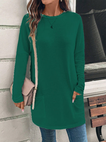 Women’s Tunic Top – Cotton Blend – Loose Fit – Long Sleeve – Round Neck – Pockets
