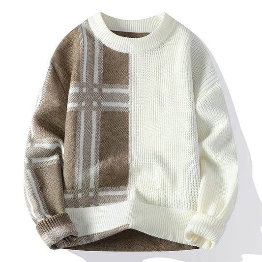 Men’s Crew Neck Sweater – Relaxed Fit – Wool Blend – Ribbed Knit – Patchwork Design