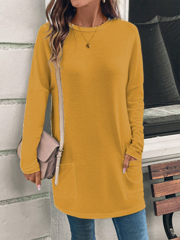 Women’s Tunic Top – Cotton Blend – Loose Fit – Long Sleeve – Round Neck – Pockets