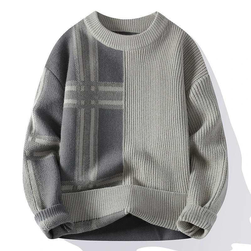 Men’s Crew Neck Sweater – Relaxed Fit – Wool Blend – Ribbed Knit – Patchwork Design