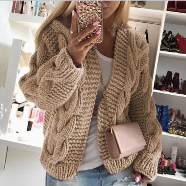 Women’s Cardigan – Wool Blend – Chunky Cable Knit – Oversized Fit – Open Front