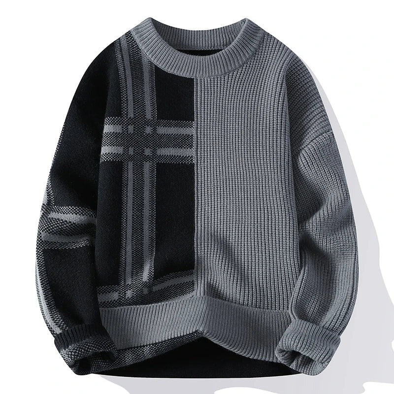 Men’s Crew Neck Sweater – Relaxed Fit – Wool Blend – Ribbed Knit – Patchwork Design