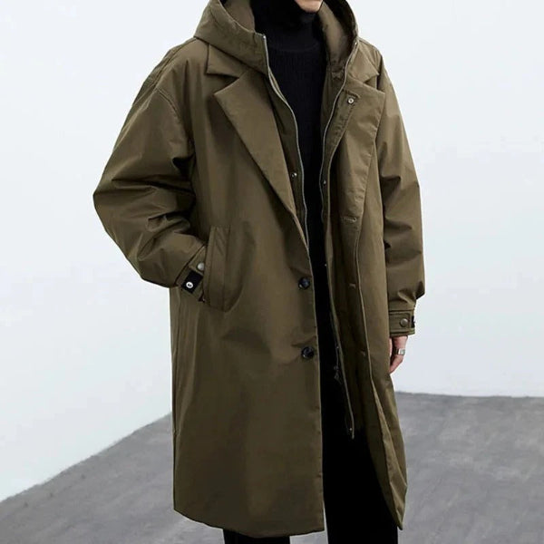 Men’s Trench Coat – Waterproof Oversized Fit – Hooded – Button Closure – Full Length
