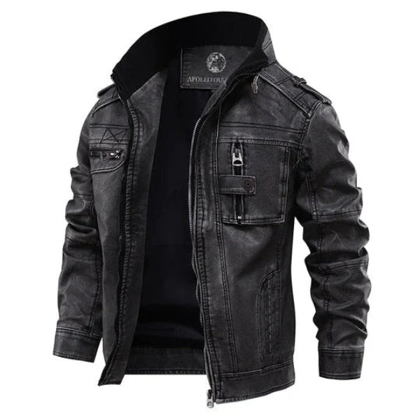 Men’s Leather Jacket – Tailored Fit – Stand Collar – Zip Front – Chest Zip Pocket