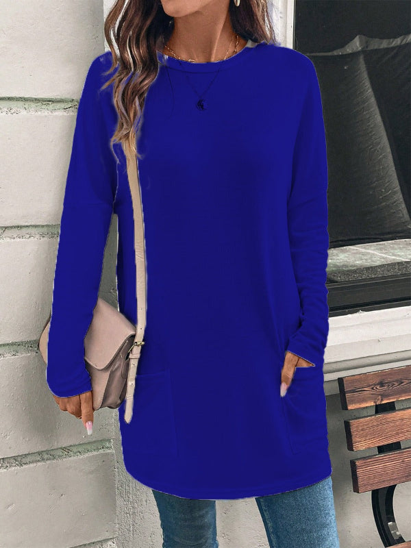 Women’s Tunic Top – Cotton Blend – Loose Fit – Long Sleeve – Round Neck – Pockets