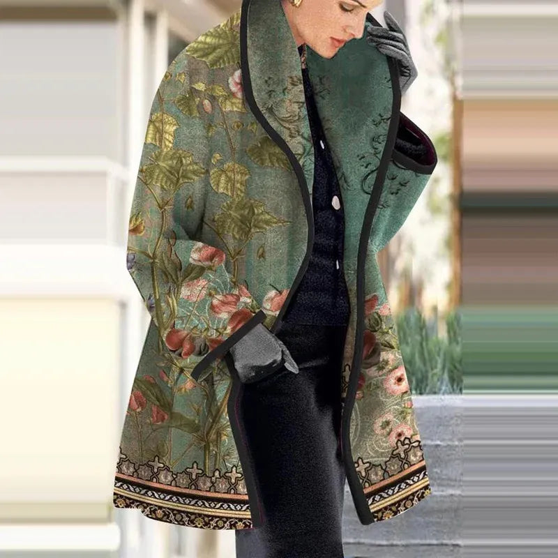 Women’s Coat – Relaxed Fit – Tapestry – Floral Pattern – Open Front – Mid Length