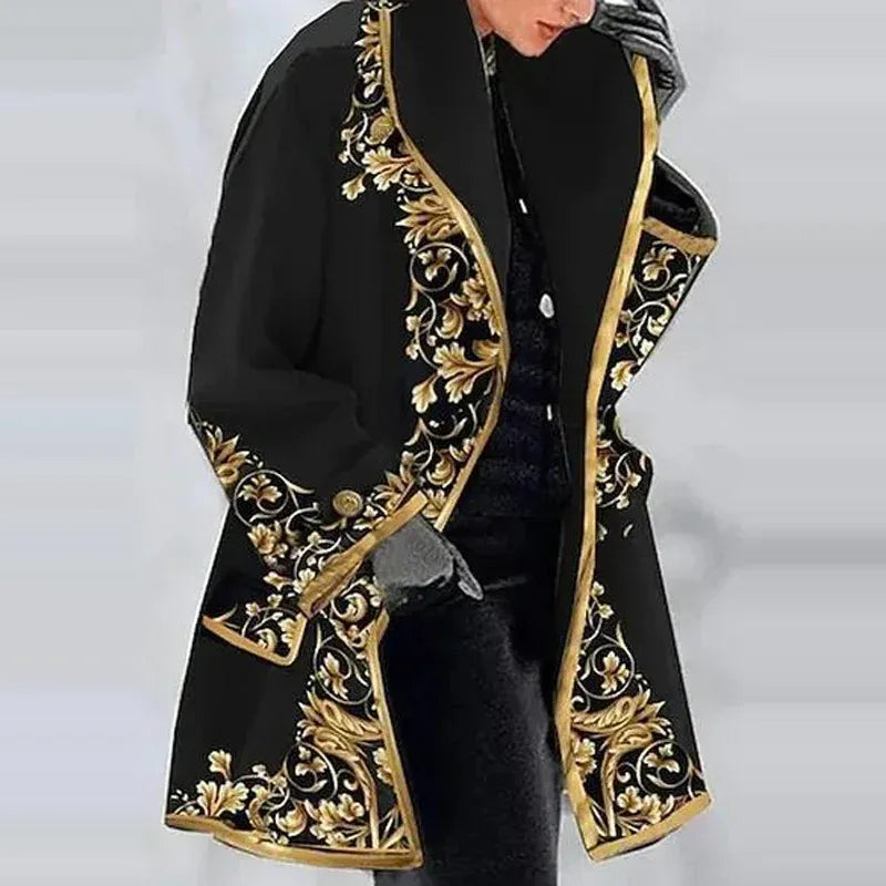 Women’s Coat – Relaxed Fit – Tapestry – Floral Pattern – Open Front – Mid Length