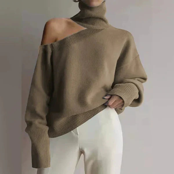 Women’s Knit Sweater – Wool Blend – Oversized Fit – Turtleneck with Shoulder Cut-Out