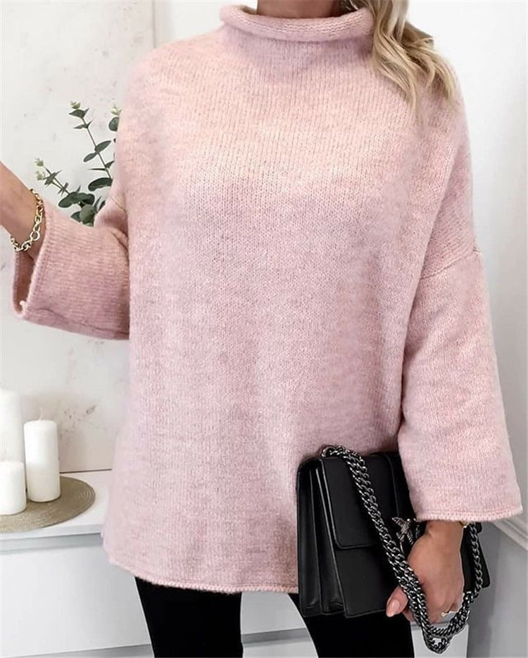 Women’s Sweatshirt – Relaxed Fit – Soft Knit – High Neck – Flared Sleeve – Hip Length