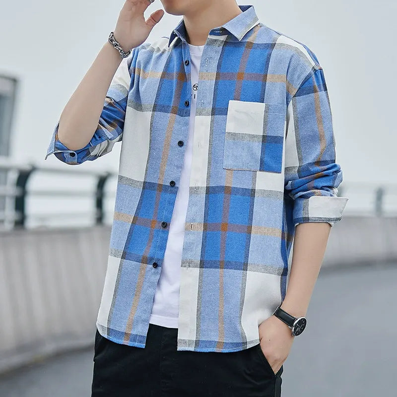 Men’s Button-Up Shirt – Loose Fit – Plaid Pattern – Long Sleeve – Soft Cotton