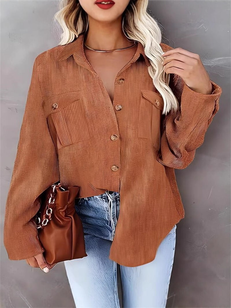 Women’s Corduroy Shacket – Relaxed Fit – Button Front – Long Sleeve – Hip Length