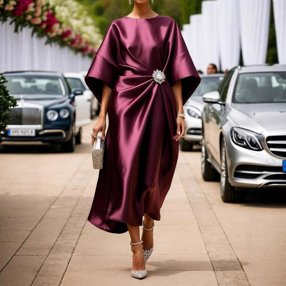 Women’s Midi Dress – Satin Finish – Relaxed Fit – Draped Design – Brooch Detail