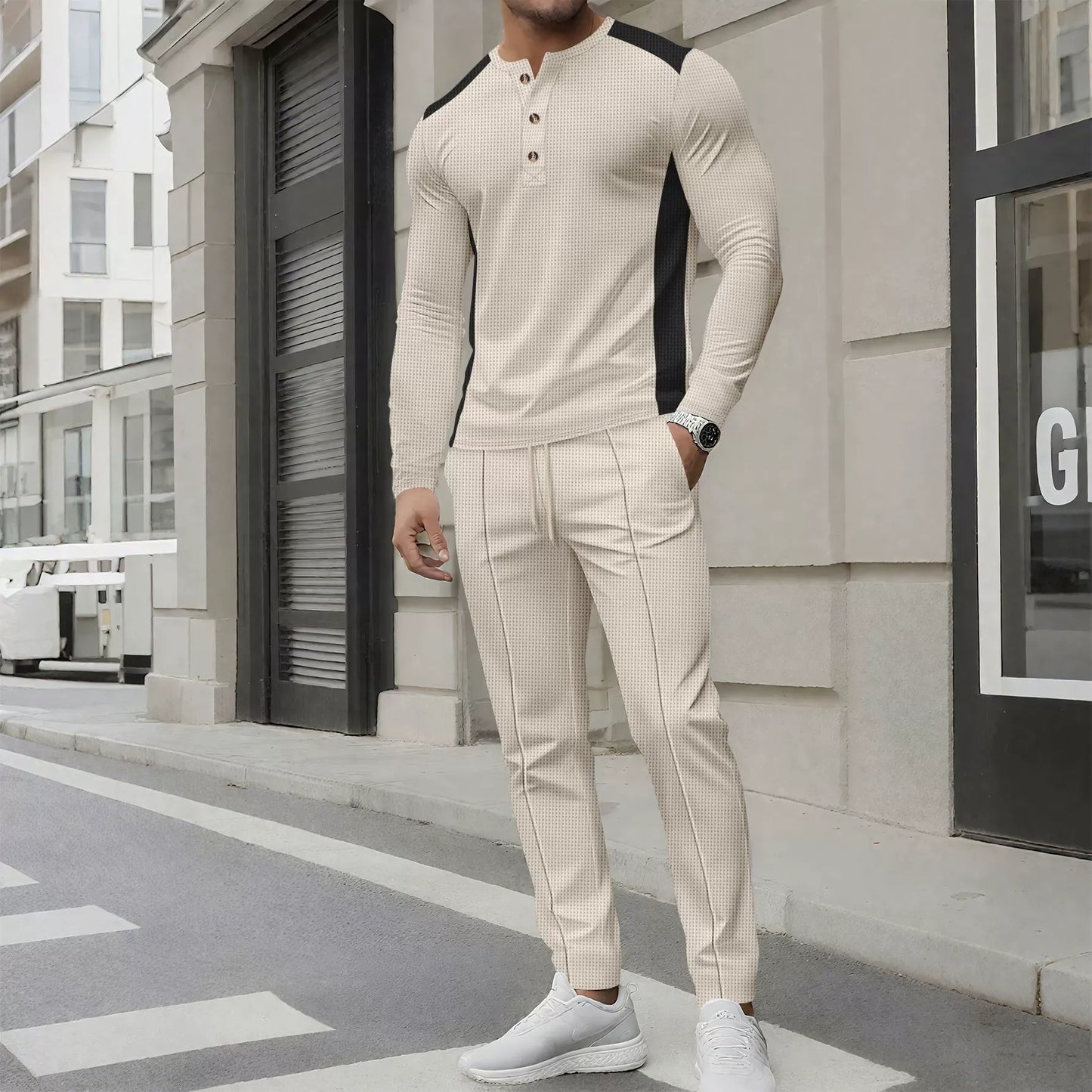 Men’s Two-Piece Set – Slim Fit Henley Shirt and Pants – Waffle Knit – Long Sleeve