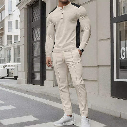 Men’s Two-Piece Set – Slim Fit Henley Shirt and Pants – Waffle Knit – Long Sleeve