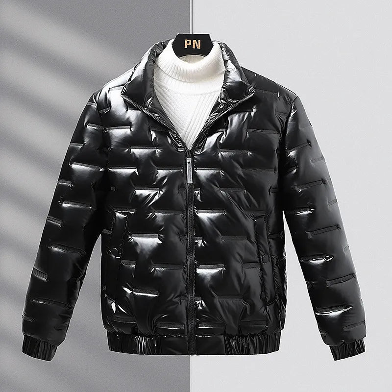 Men’s Coat – Slim Fit – Quilted Shiny Finish – Stand Collar – Ribbed Cuffs & Hem