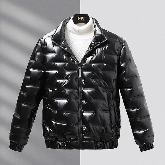 Men’s Coat – Slim Fit – Quilted Shiny Finish – Stand Collar – Ribbed Cuffs & Hem
