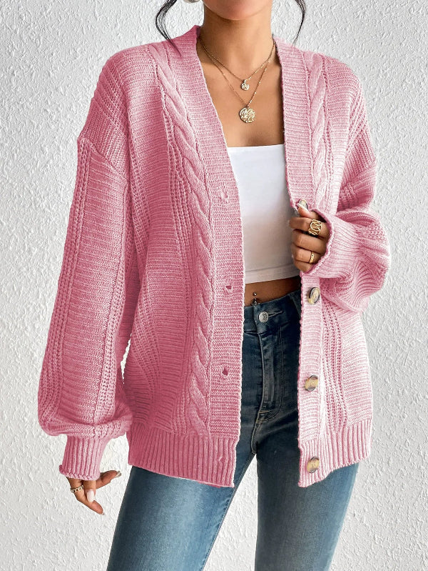 Women’s Knitted Cardigan – Cable Knit – Oversized Fit – Button Front – Ribbed Hem