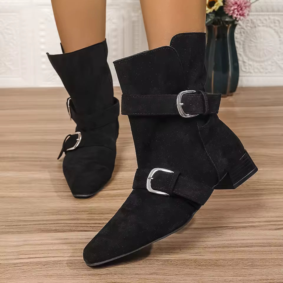 Women’s Ankle Boots – Suede – Pointed Toe – Buckle Strap – Low Heel