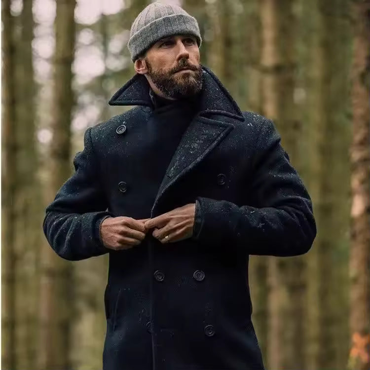 Men’s Peacoat – Wool Blend – Structured Fit – Double-Breasted Mid-Length Formal Coat