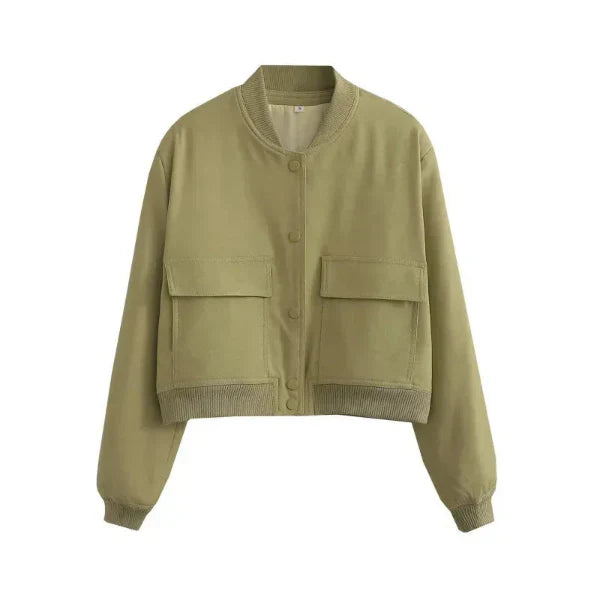 Women’s Bomber Jacket – Relaxed Fit – Cropped Length – Button Front – Flap Pockets