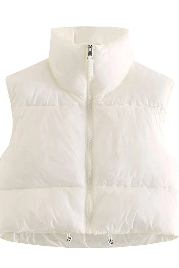 Women’s Puffer Vest – Oversized Fit – Quilted – High Collar – Cropped Length – Drawstring Hem