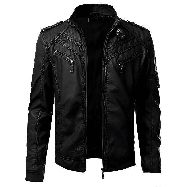 Men’s Leather Jacket – Slim Fit – Stand Collar – Zip Closure – Zipped Pockets