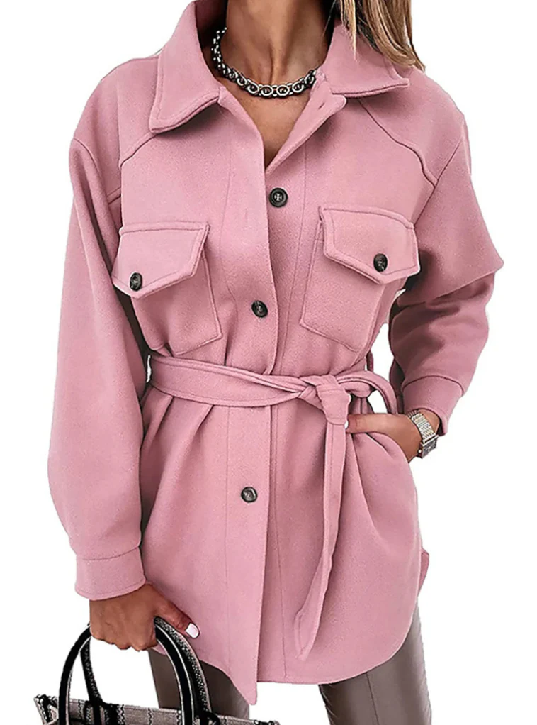 Women’s Shacket Jacket – Oversized Longline Fit – Belted Waist – Chest Flap Pockets