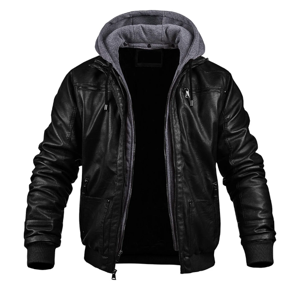 Men’s Leather Jacket – Slim Fit – Hooded with Drawstring – Zip Front – Ribbed Hem
