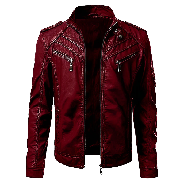 Men’s Leather Jacket – Slim Fit – Stand Collar – Zip Closure – Zipped Pockets
