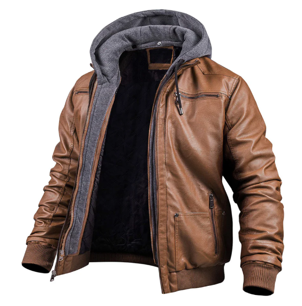Men’s Leather Jacket – Slim Fit – Hooded with Drawstring – Zip Front – Ribbed Hem