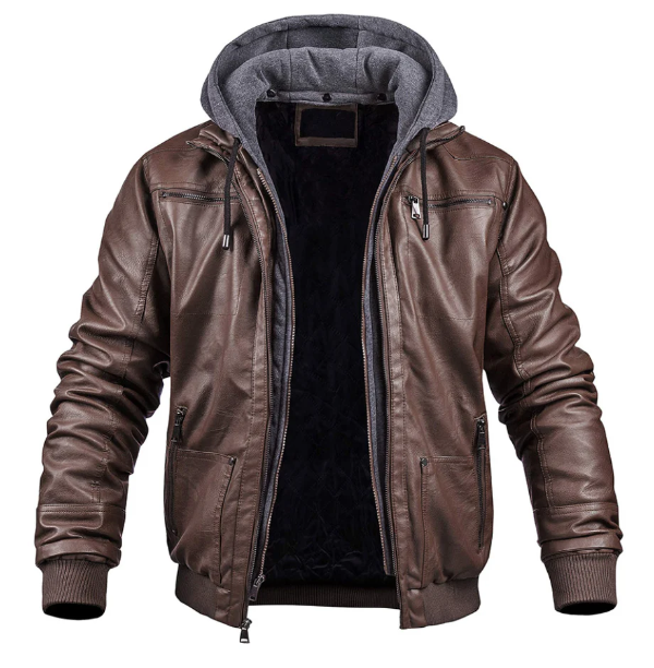 Men’s Leather Jacket – Slim Fit – Hooded with Drawstring – Zip Front – Ribbed Hem
