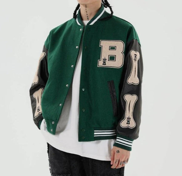 Women’s Varsity Bomber Jacket – Relaxed Fit – Wool Blend – Faux Leather Sleeves – Graphic Patches