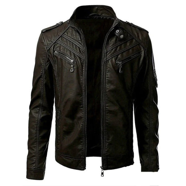 Men’s Leather Jacket – Slim Fit – Stand Collar – Zip Closure – Zipped Pockets