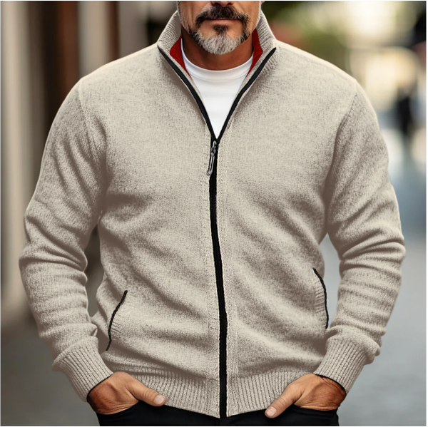 Men’s Zip-Up Cardigan – Wool Blend Knit – Regular Fit – High Collar – Ribbed Trim