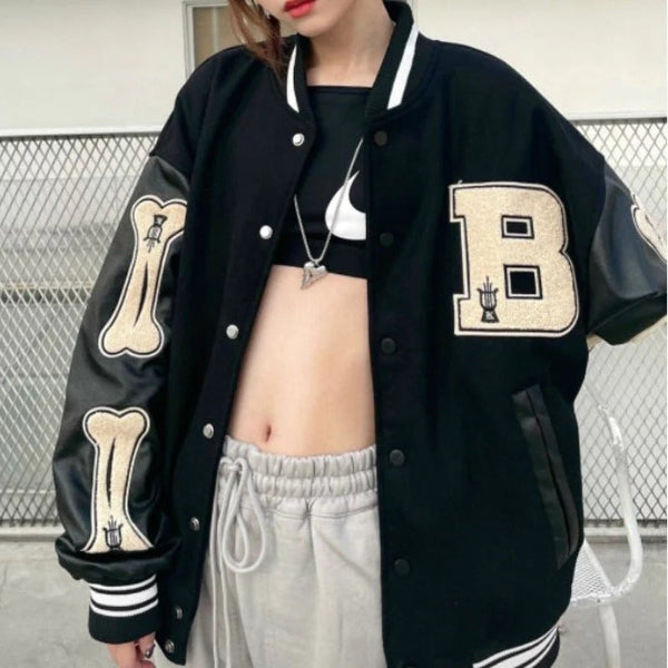 Women’s Varsity Bomber Jacket – Relaxed Fit – Wool Blend – Faux Leather Sleeves – Graphic Patches