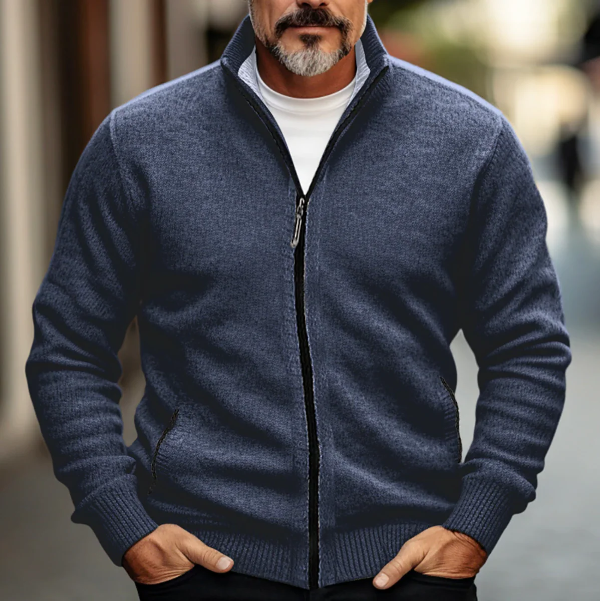 Men’s Zip-Up Cardigan – Wool Blend Knit – Regular Fit – High Collar – Ribbed Trim
