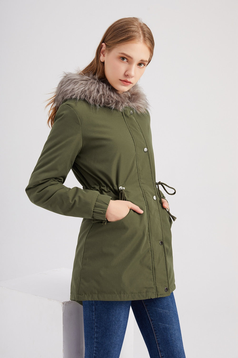 Women’s Parka Coat – Mid-Length Regular Fit – Faux Fur Hood – Insulated – Adjustable Waist