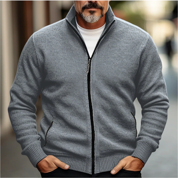 Men’s Zip-Up Cardigan – Wool Blend Knit – Regular Fit – High Collar – Ribbed Trim