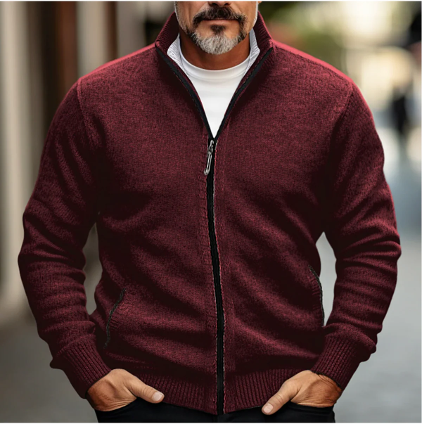 Men’s Zip-Up Cardigan – Wool Blend Knit – Regular Fit – High Collar – Ribbed Trim