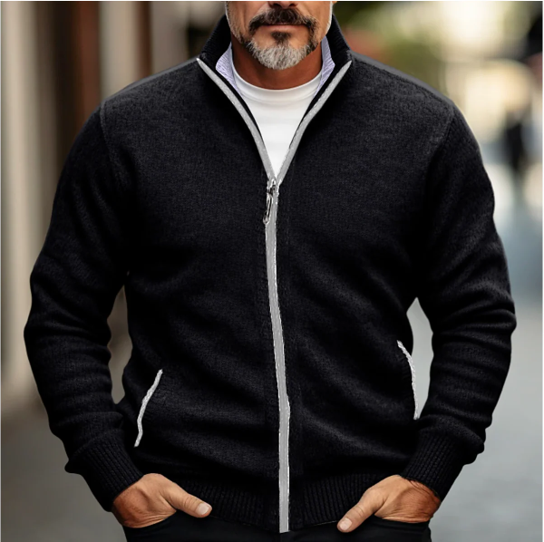 Men’s Zip-Up Cardigan – Wool Blend Knit – Regular Fit – High Collar – Ribbed Trim