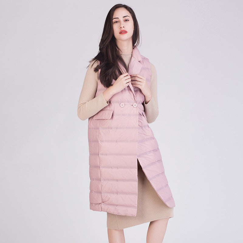 Women’s Quilted Vest – Slim Fit – Duck Down Padded – Sleeveless Knee-Length Outerwear