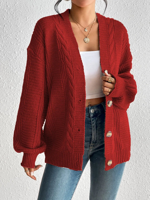 Women’s Knitted Cardigan – Cable Knit – Oversized Fit – Button Front – Ribbed Hem
