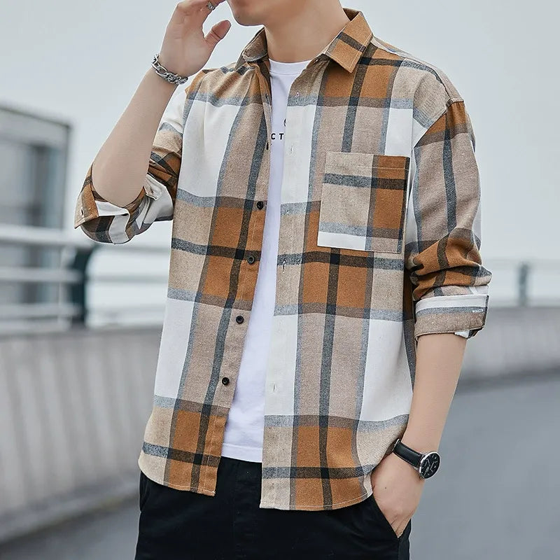 Men’s Button-Up Shirt – Loose Fit – Plaid Pattern – Long Sleeve – Soft Cotton