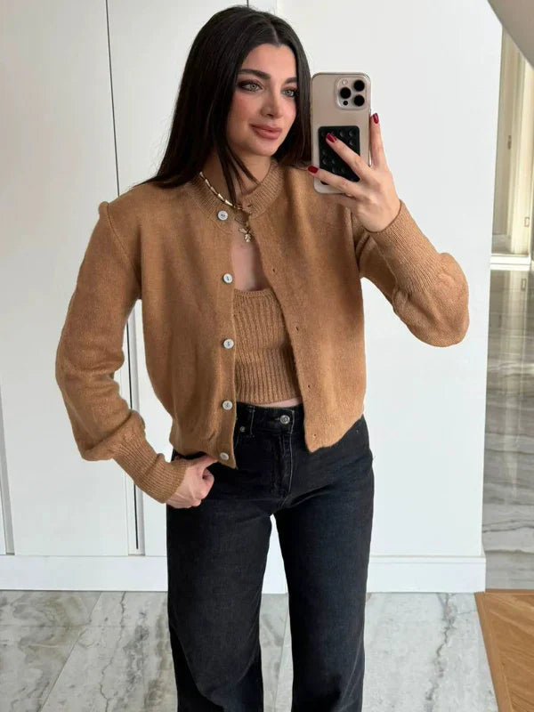 Women’s Knit Cardigan Set – Wool Blend – Relaxed Fit – Cropped – Button Front – Ribbed Trim