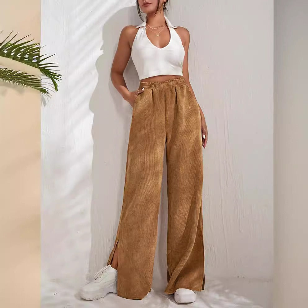 Women’s Wide-Leg Trousers – High Waist – Corduroy Texture – Split Hem – Elastic Waist