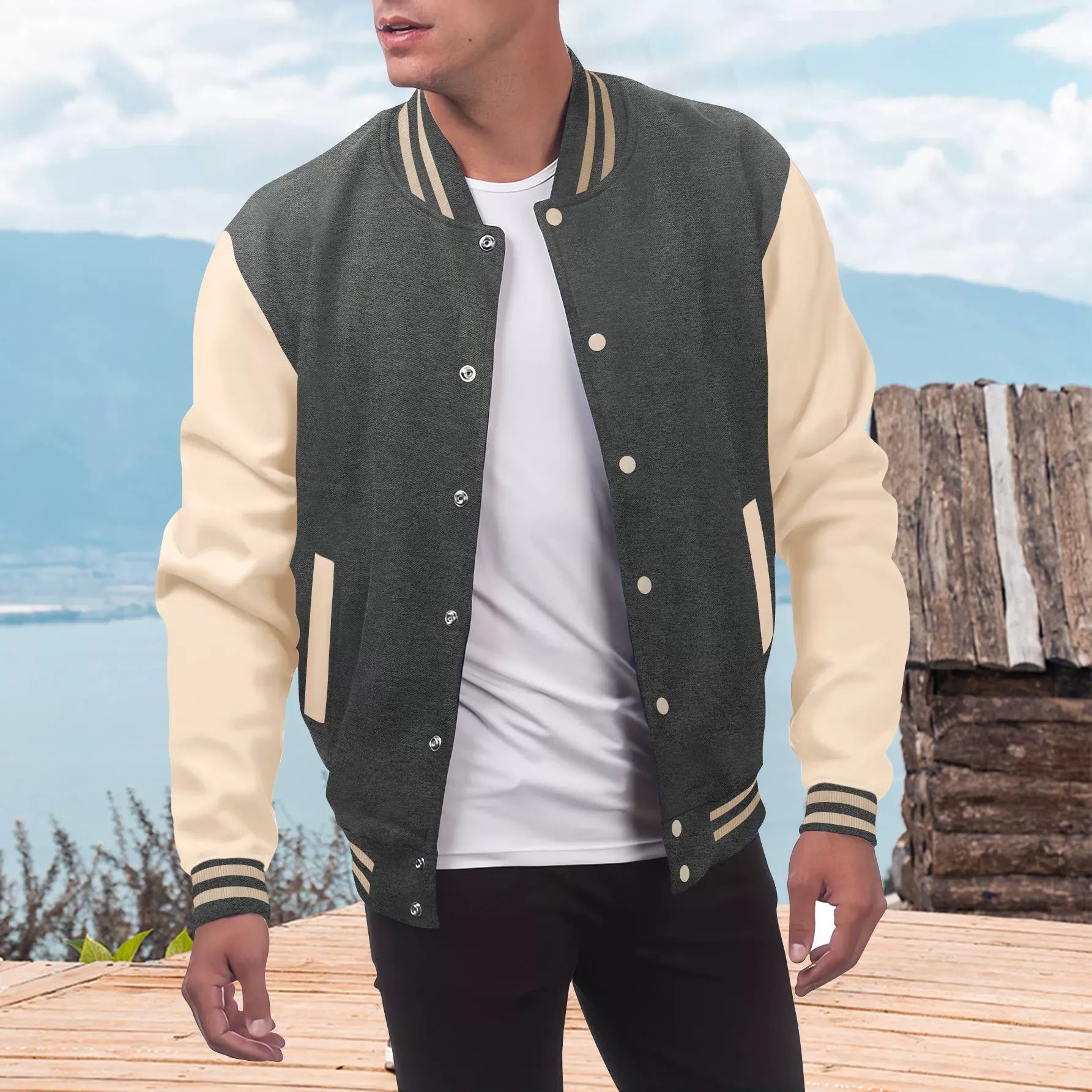 Men’s Varsity Jacket – Wool Blend – Faux Leather Sleeves – Relaxed Fit – Snap Front