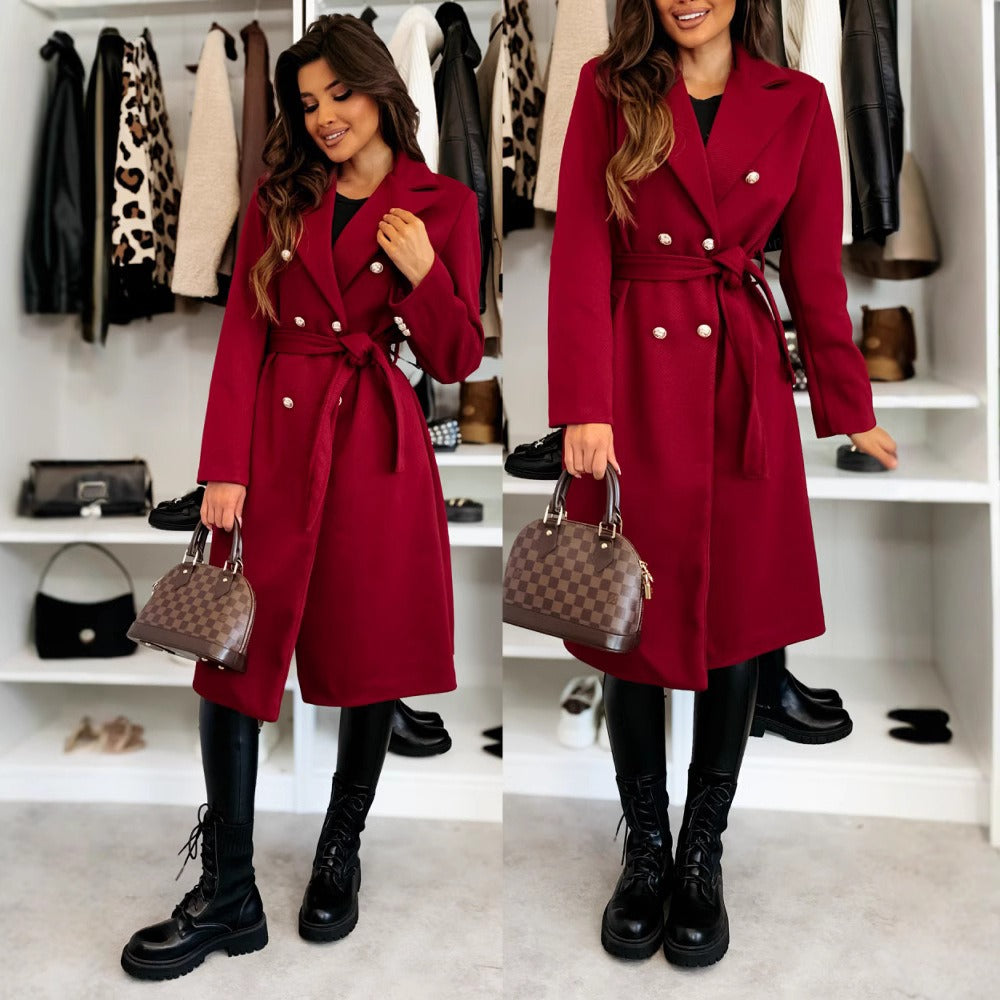 Women’s Wool Coat – Tailored Fit – Double-Breasted – Belted Waist – Knee Length
