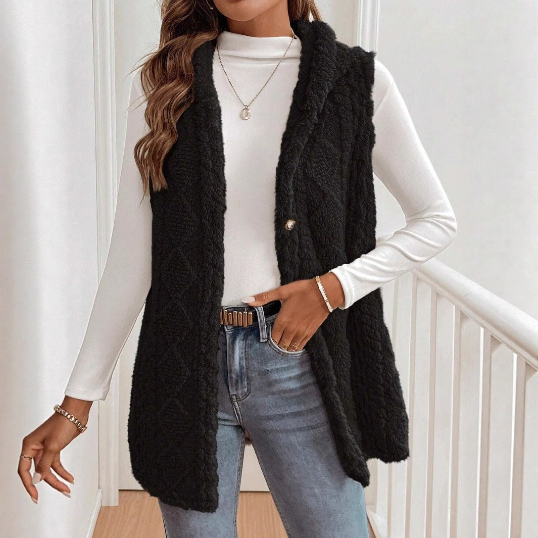 Women’s Hooded Cardigan Vest – Plush Texture – Relaxed Fit – Button Front Layer