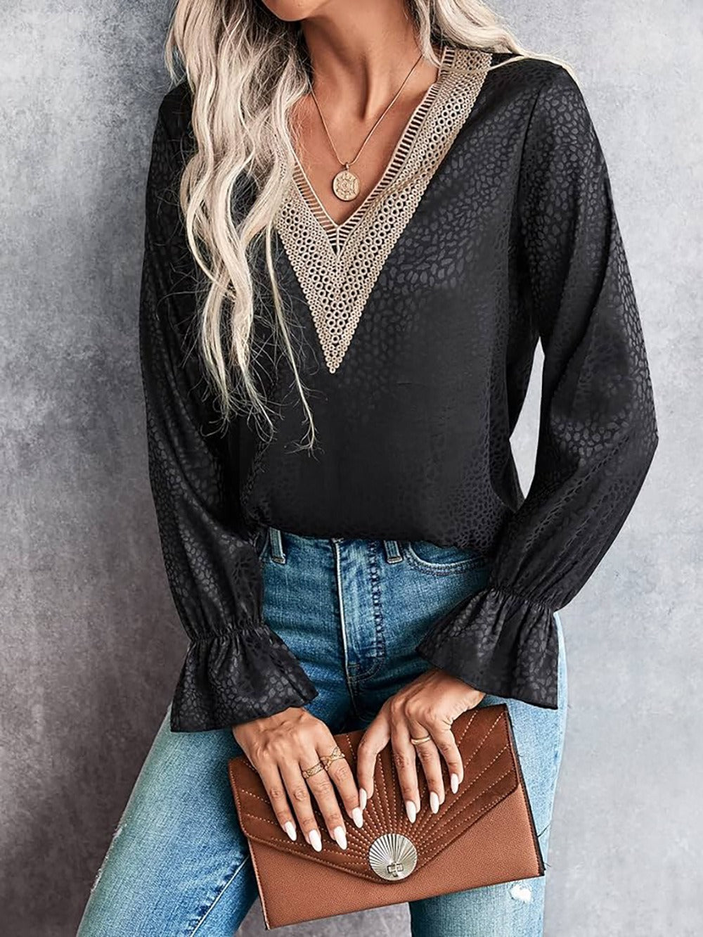Women’s Pullover Shirt – Jacquard Texture – Lace V-Neck – Flared Cuffs – Relaxed Fit